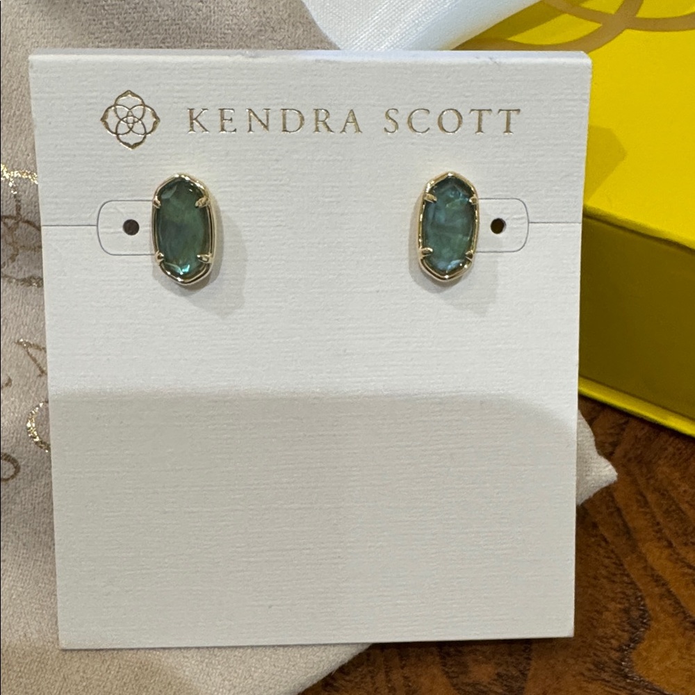 Kendra Scott Deep Aqua Stone Stud Earrings, dust bag & gift box